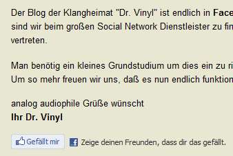 Facebook Gefällt mir Knopf bei allen Artikeln von Dr. Vinyl